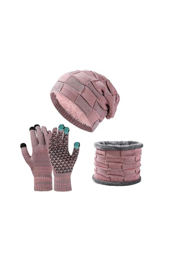 Hiver Tricotés Ensemble Bonnet Écharpe Gants Décran Tactile 3 en 1 Doublure Molleton Doux Bonnet Tricoté Chaud Cache-Cou Ext