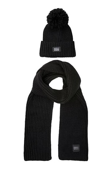 UGG W Knit Bonnet W avec Pompon et écharpe Beanie W Pom and Scarf, Noir, Taille Unique Femme