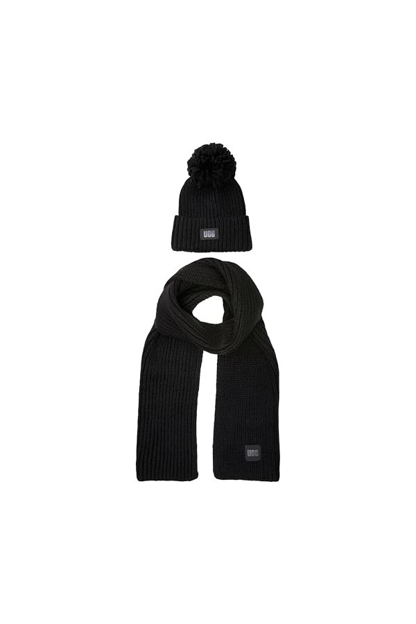 UGG W Knit Bonnet W avec Pompon et écharpe Beanie W Pom and Scarf, Noir, Taille Unique Femme