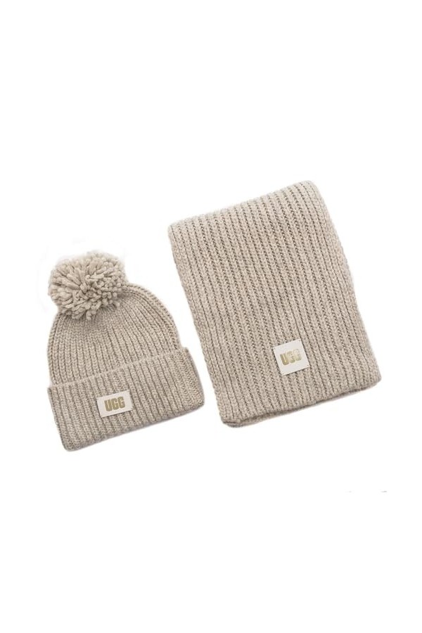 UGG W Knit Bonnet W avec Pompon et écharpe Beanie W Pom and Scarf, Noir, Taille Unique Femme