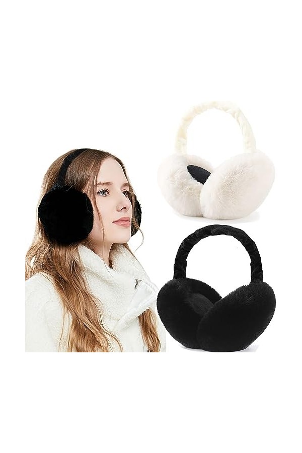 FSMILING 2 Pack de manchons d’oreille d’hiver pour femmes cache-oreilles chaudes moelleuses cache-oreilles pliable chauffe-or