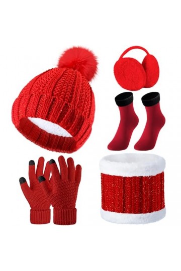5 Paquets Ensemble Bonnet Gants dHiver, Bonnet avec Pompon Écharpe Gants en Tricot Cache-Oreilles Chaussettes Rouge 