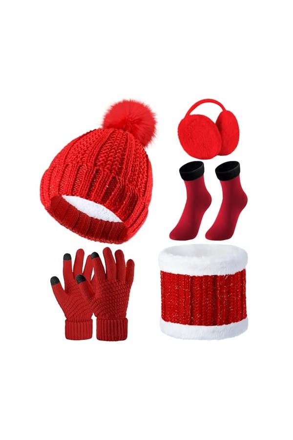 5 Paquets Ensemble Bonnet Gants dHiver, Bonnet avec Pompon Écharpe Gants en Tricot Cache-Oreilles Chaussettes Rouge 