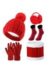 5 Paquets Ensemble Bonnet Gants dHiver, Bonnet avec Pompon Écharpe Gants en Tricot Cache-Oreilles Chaussettes Rouge 