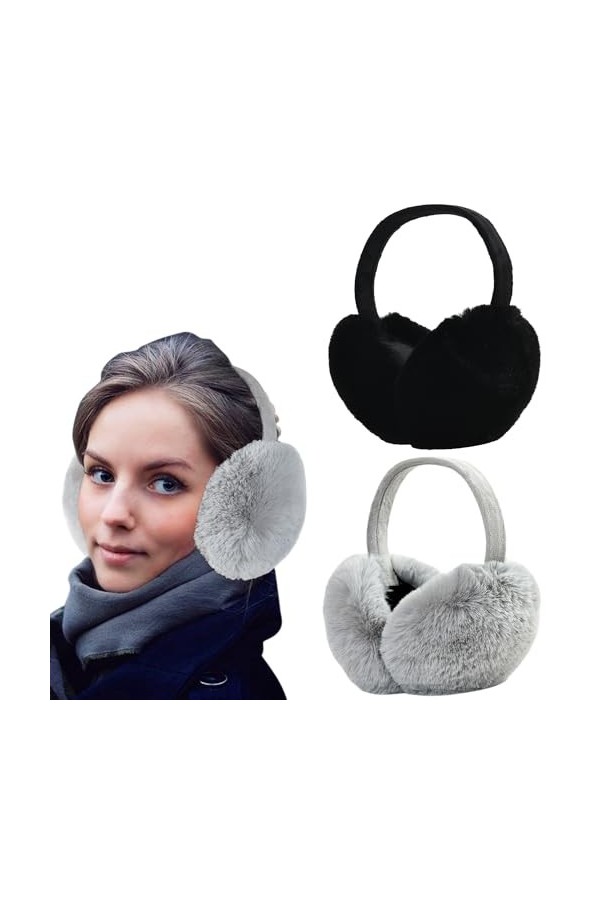 Dwenarry Cache-oreilles dhiver en fausse fourrure chaude et pliable pour femme et fille, noir/gris, 6.3