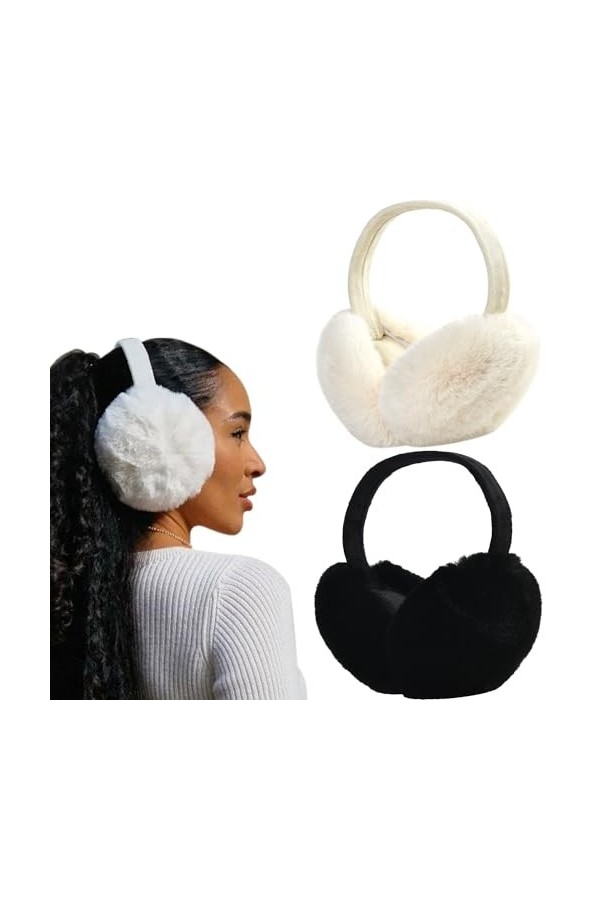 Dwenarry Cache-oreilles dhiver en fausse fourrure chaude et pliable pour femme et fille, noir/gris, 6.3