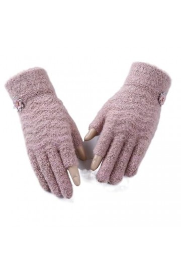 Gants Femme， Femme exposé index pouce tricot tactile téléphone écran gants hiver femmes cachemire plein doigt chaud fleur gan