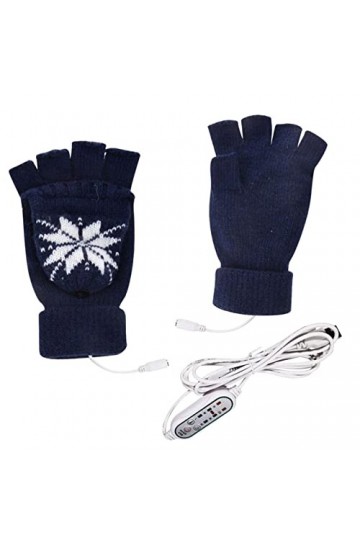 Gants unisexes en tricot chauffant USB avec trois imprimés - Gants de Noël pour femme - Pour temps froid - Bleu - Taille uniq