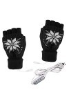 Gants unisexes en tricot chauffant USB avec trois imprimés - Gants de Noël pour femme - Pour temps froid - Noir - Taille uniq