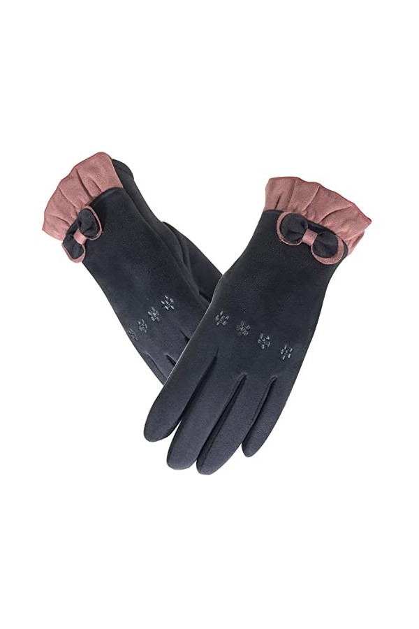 Gants Coupe Vent Gants Chauds en Daim pour Femmes Et Gants Bowknot Brodés en Velours Noir