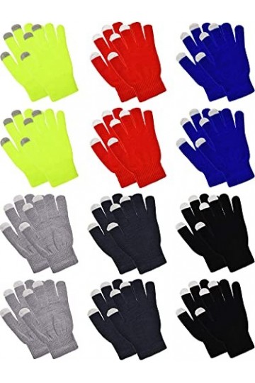 12 Paires Gants Tactiles Gants de Textos Tricotés Extensibles Noir, Gris, Bleu Marine, Rouge, Jaune, Bleu, 7 x 4 Pouces 