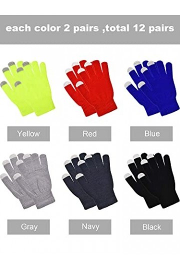 12 Paires Gants Tactiles Gants de Textos Tricotés Extensibles Noir, Gris, Bleu Marine, Rouge, Jaune, Bleu, 7 x 4 Pouces 