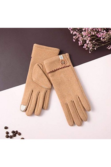 RFEGEF Femme Gants dhiver,Gants À Écran Tactile Boutons Kaki Gants en Faux Suède en Velours Dames Doux Coupe-Vent Élégant Mo