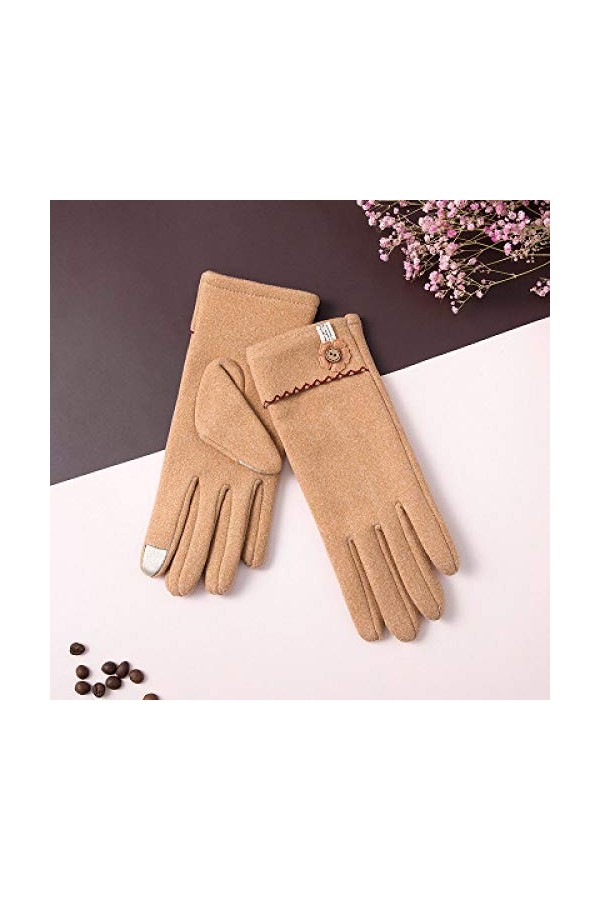 RFEGEF Femme Gants dhiver,Gants À Écran Tactile Boutons Kaki Gants en Faux Suède en Velours Dames Doux Coupe-Vent Élégant Mo