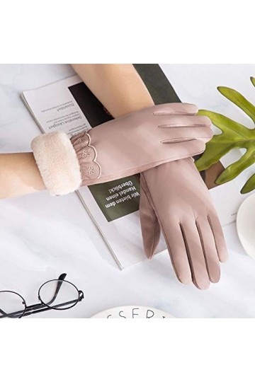 RFEGEF Femme Gants dhiver,Gants À Écran Tactile Broderie Kaki en Peluche Gants DÉquitation Au Poignet Dames Doux Coupe-Vent