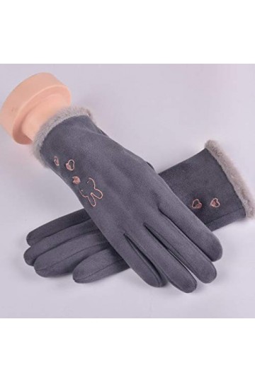 RFEGEF Femme Gants dhiver,Gants À Écran Tactile Gris Tissu en Faux Suède Gants De Broderie De Lapin Dames Doux Coupe-Vent Él
