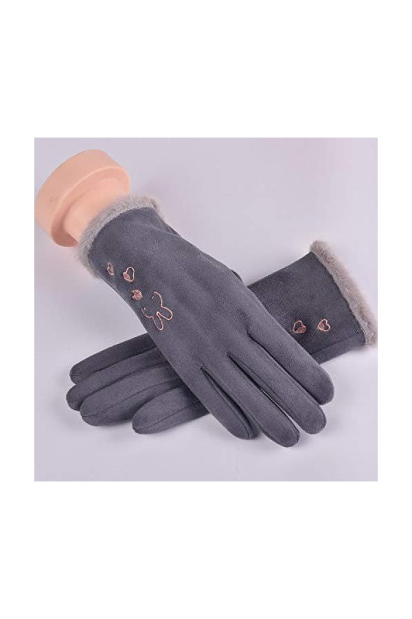 RFEGEF Femme Gants dhiver,Gants À Écran Tactile Gris Tissu en Faux Suède Gants De Broderie De Lapin Dames Doux Coupe-Vent Él