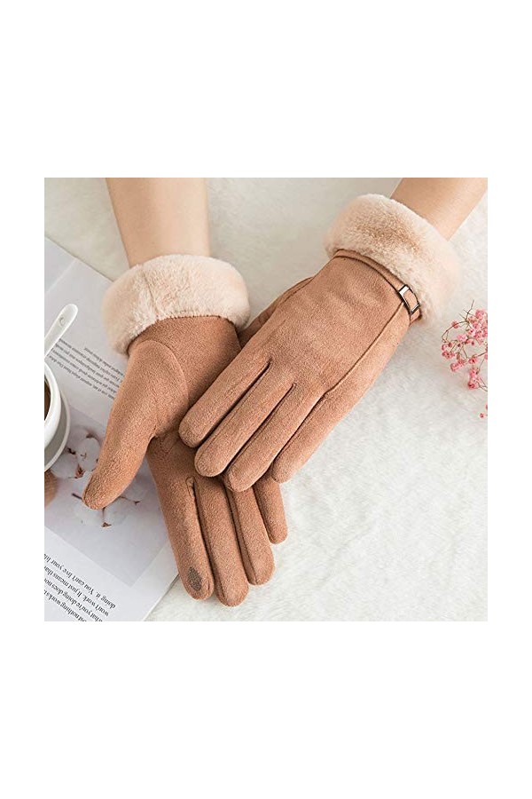 RFEGEF Femme Gants dhiver,Gants À Écran Tactile Marron Faux Suede Plus Gants Épaississants en Velours Dames Doux Coupe-Vent 