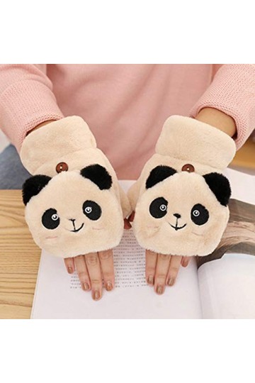 RFEGEF Femme Gants dhiver,Gants À Écran Tactile Polaire Corail Beige Demi-Doigt Gants De Panda De Bande Dessinée Flip Dames 