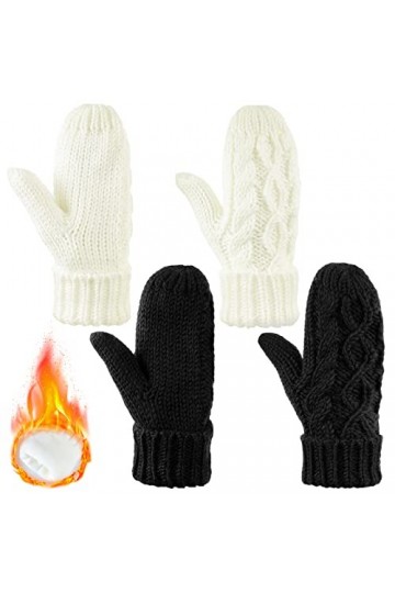 2 Paires Mitaines dHiver pour Femmes Gants Tricotés Torsadés Épais Chauds en Pleins doigts à Doublure Douce, Noir et Blanc