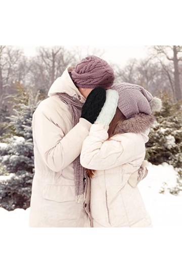2 Paires Mitaines dHiver pour Femmes Gants Tricotés Torsadés Épais Chauds en Pleins doigts à Doublure Douce, Noir et Blanc