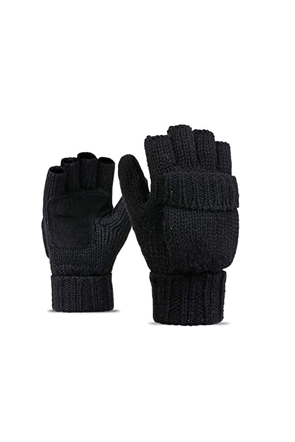 Gant Femme Gants DHiver Chauds À Rabat Demi-Doigt Pour Hommes Et Femmes Gants Tricotés Coupe-Vent Extérieurs Noirs