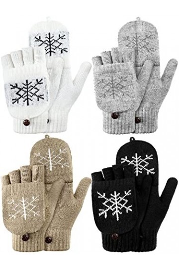 Gants Chaudes Hiver sans Doigts en Laine Tricotés à Rabat Convertibles Blanc, Noir, Gris, Kak, Style de Flocon de Neige 
