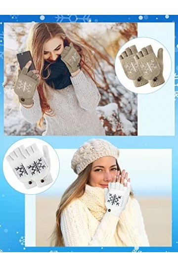 Gants Chaudes Hiver sans Doigts en Laine Tricotés à Rabat Convertibles Blanc, Noir, Gris, Kak, Style de Flocon de Neige 