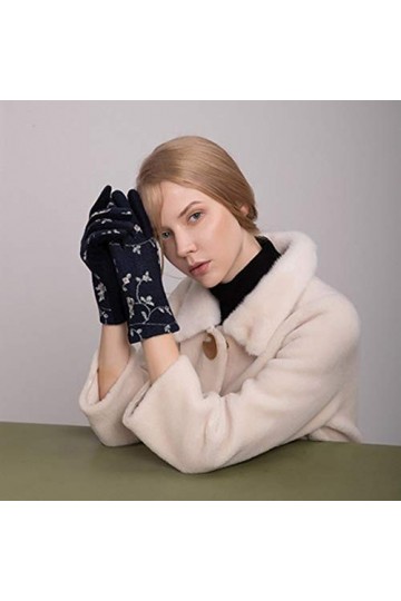 RFEGEF Femme Gants dhiver,Gants À Écran Tactile Gants en Coton Brodés en Fausse Laine Bleu Foncé Dames Doux Coupe-Vent Éléga