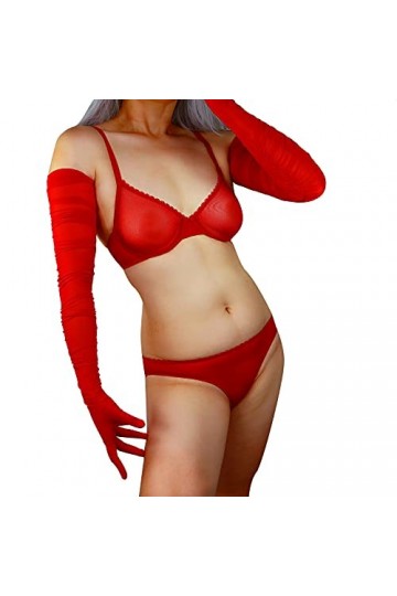 DooWay Gants en tulle super longs pour femme avec écran tactile et manches froncées en dentelle extensible Rouge, Rouge, 85