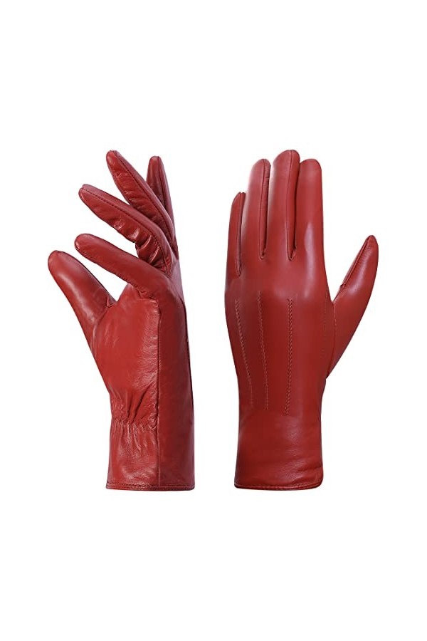 Harssidanzar Gants en cuir pour femmes, Winter Warm Fleece Doublure Touchscreen Vintage Finish GL018EU,Rouge,taille S
