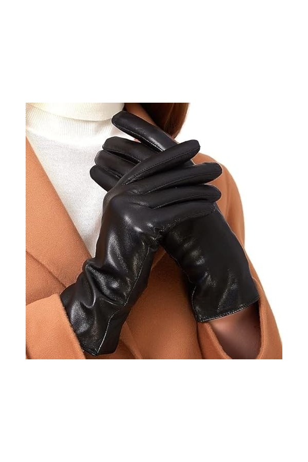 ZLUXURQ Gants en cuir dagneau véritable doux noir pour femmes avec écran tactile pour temps froid doublés en cachemire