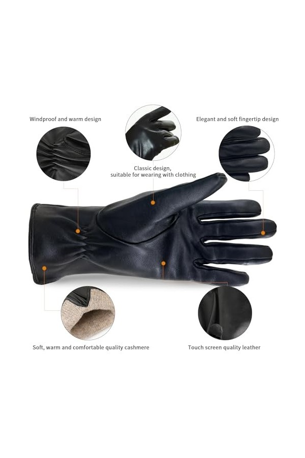 ZLUXURQ Gants en cuir dagneau véritable doux noir pour femmes avec écran tactile pour temps froid doublés en cachemire