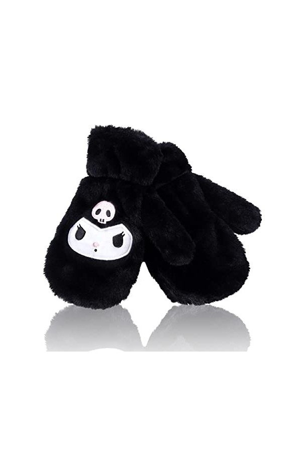 Roffatide Anime Gant Kuromi Fuzzy Mittens Moufles en Peluche à Doigts Entiers Gants Noirs Brodés pour lhiver