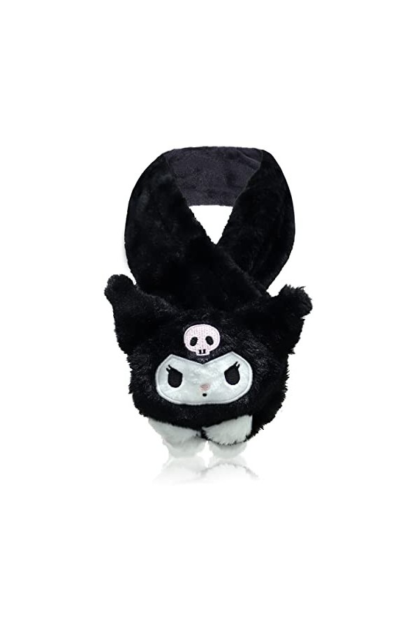 Roffatide Anime Gant Kuromi Fuzzy Mittens Moufles en Peluche à Doigts Entiers Gants Noirs Brodés pour lhiver