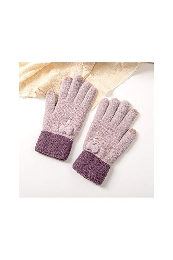 HSJM Gants Mode Femme Gants en Tricot dhiver Bow-Noeud Perle Femmes Décoration Extérieure Pleine Doigts Gants Épais Gardez M