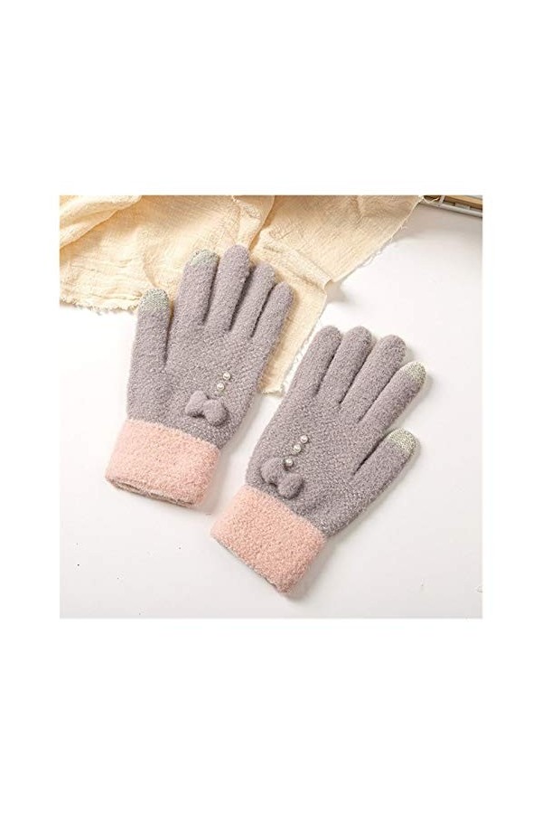 HSJM Gants Mode Femme Gants en Tricot dhiver Bow-Noeud Perle Femmes Décoration Extérieure Pleine Doigts Gants Épais Gardez M