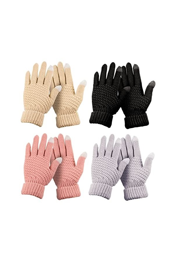 Lot de 4 paires de gants dhiver pour écran tactile,Doublure polaire chaude,Gants dhiver tricotés élastiques,Gants chauds po
