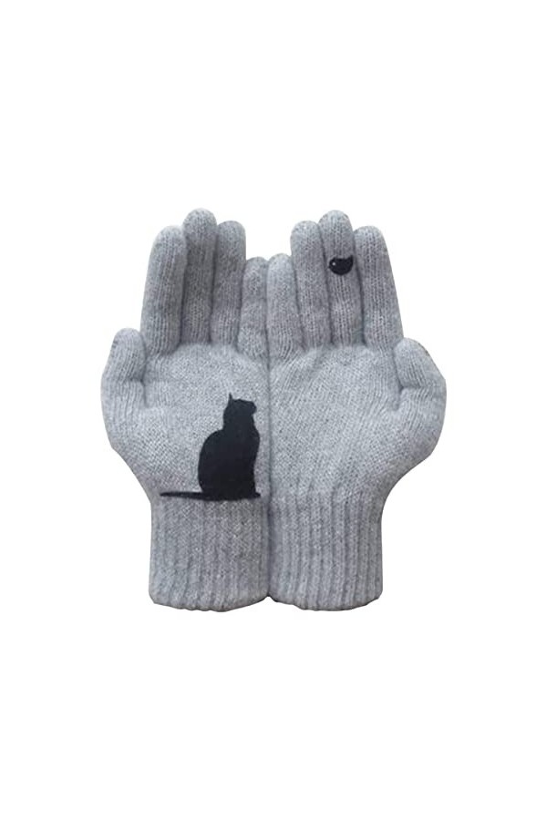 Gants en Coton avec éventail, Gants épaissis avec Impression De Chat Et Doiseau, Gants en Laine pour Femmes, Gants Dextérie