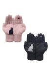 Gants en Coton avec éventail, Gants épaissis avec Impression De Chat Et Doiseau, Gants en Laine pour Femmes, Gants Dextérie