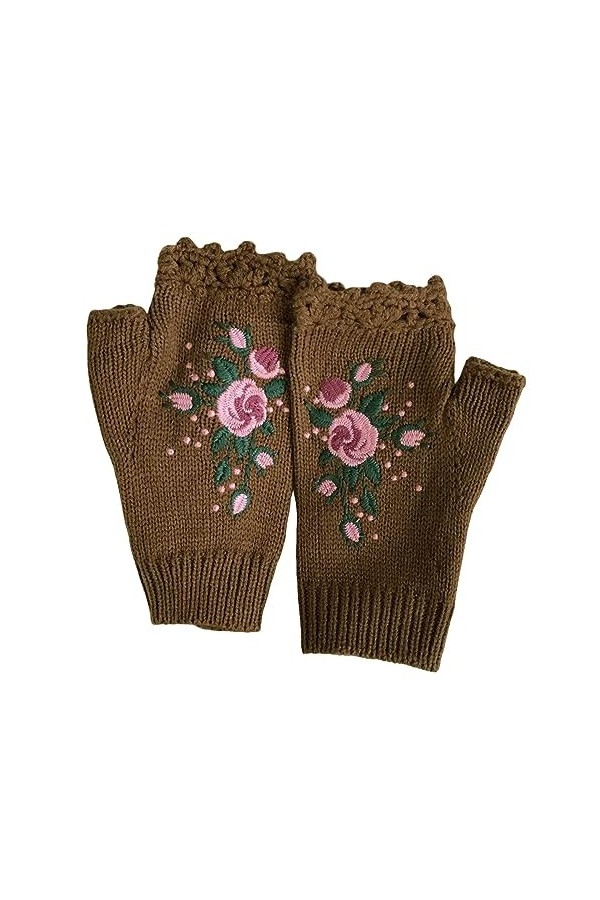 Briskorry Mitaines brodées sans doigts Fleurs Mitaines dhiver tricotées Automne Hiver Gants chauds tricotés Gants doux pour 
