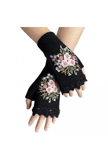 Briskorry 1 paire de mitaines brodées à la main en tricot - Mitaines dhiver - Mitaines dhiver - Mitaines sans doigts - Fleu