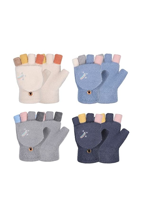 SATINIOR 4 Paires Gants sans Doigts avec Couverture Mitaines Convertibles Arc-en-Ciel Épaisses en Tricot Mitaines avec Rabat