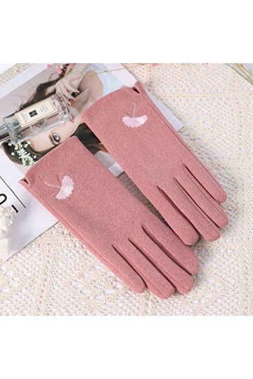 Femme Gants dhiver,Gants À Écran Tactile Broderie De Feuille De Ginkgo Rose Gants De Velours Dames Doux Coupe-Vent Élégant M
