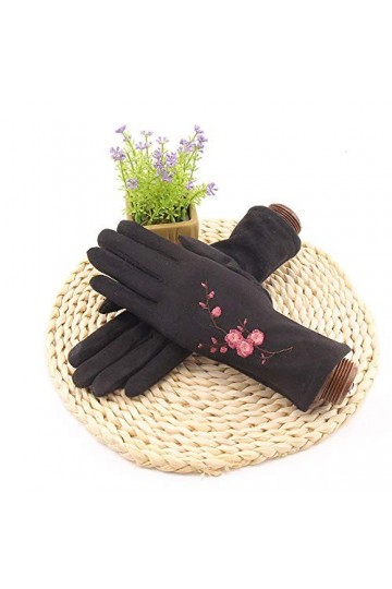 RFEGEF Femme Gants dhiver,Gants À Écran Tactile Broderie Prune Noire Plus Gants De Velours Dames Doux Coupe-Vent Élégant Mou