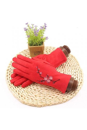RFEGEF Femme Gants dhiver,Gants À Écran Tactile Broderie Prune Rouge Plus Gants De Velours Dames Doux Coupe-Vent Élégant Mou