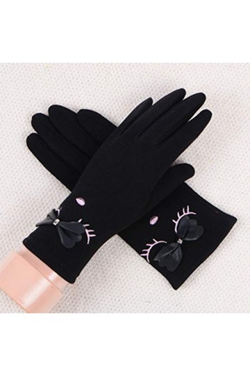 RFEGEF Femme Gants dhiver,Gants À Écran Tactile Noir Plus Velours Broderie des Yeux Mignons Gants Bowknot Dames Doux Coupe-V