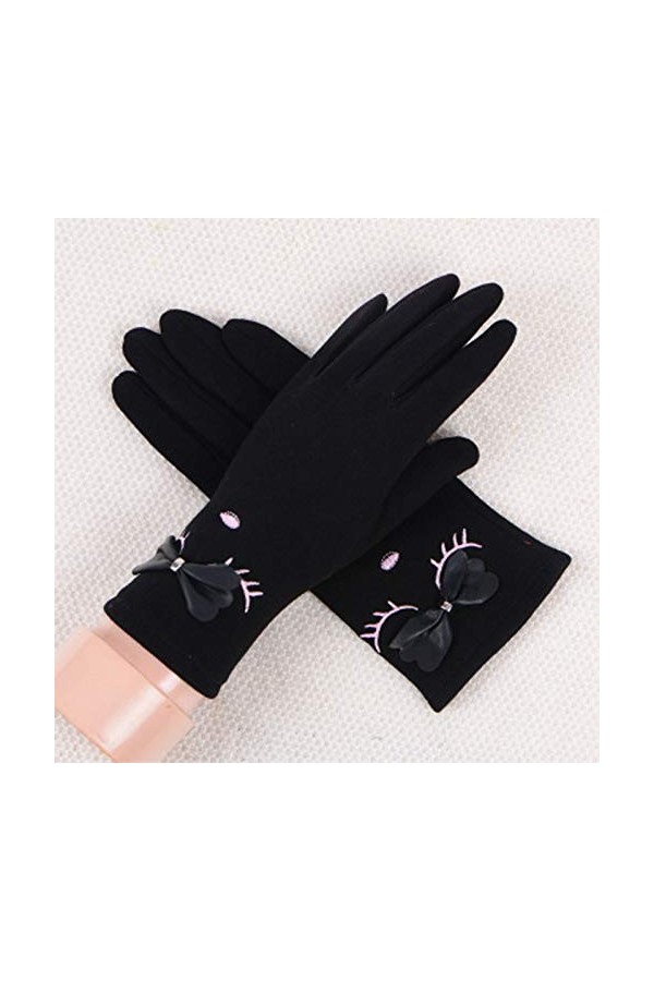 RFEGEF Femme Gants dhiver,Gants À Écran Tactile Noir Plus Velours Broderie des Yeux Mignons Gants Bowknot Dames Doux Coupe-V