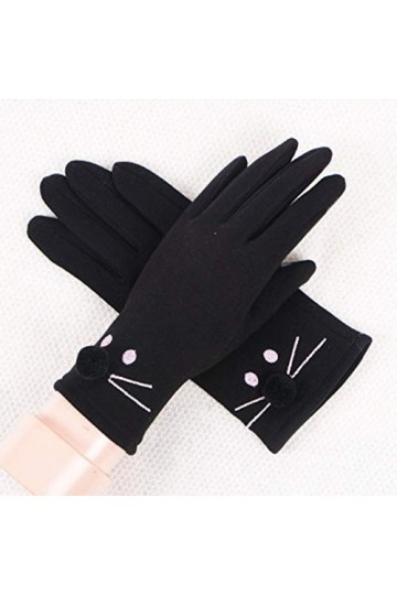 RFEGEF Femme Gants dhiver,Gants À Écran Tactile Section Mince Noire Plus Velours Gants De Broderie De Chat Mignon Dames Doux
