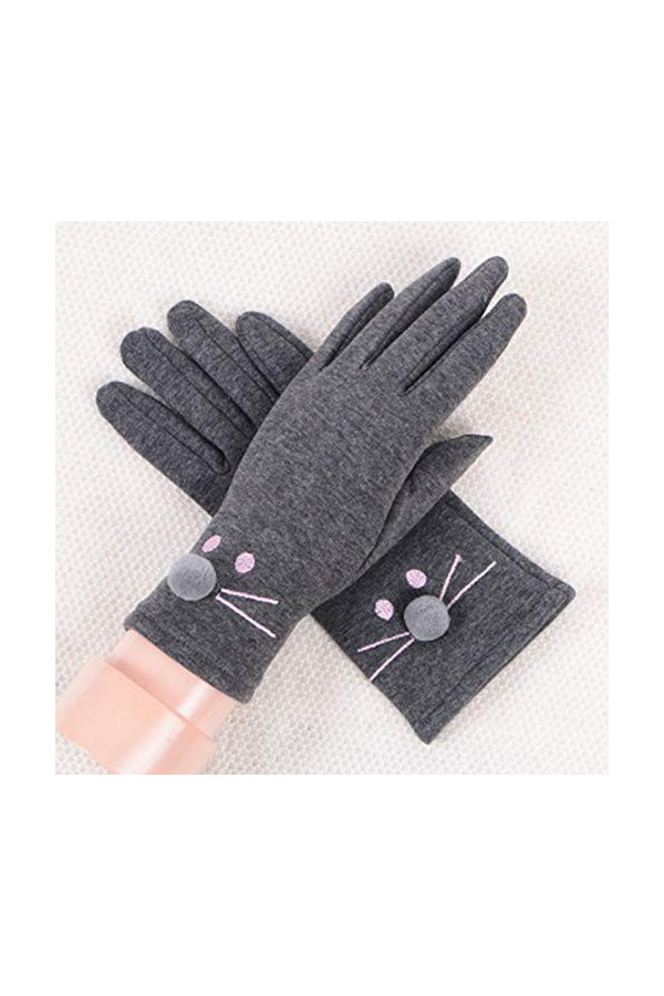 RFEGEF Femme Gants dhiver,Gants À Écran Tactile Section Mince Grise Plus Velours Gants De Broderie De Chat Mignon Dames Doux